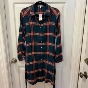 Maurices Teal Plaid Button Front Belted Shirt Dress Tunic Women Medium Cabincore